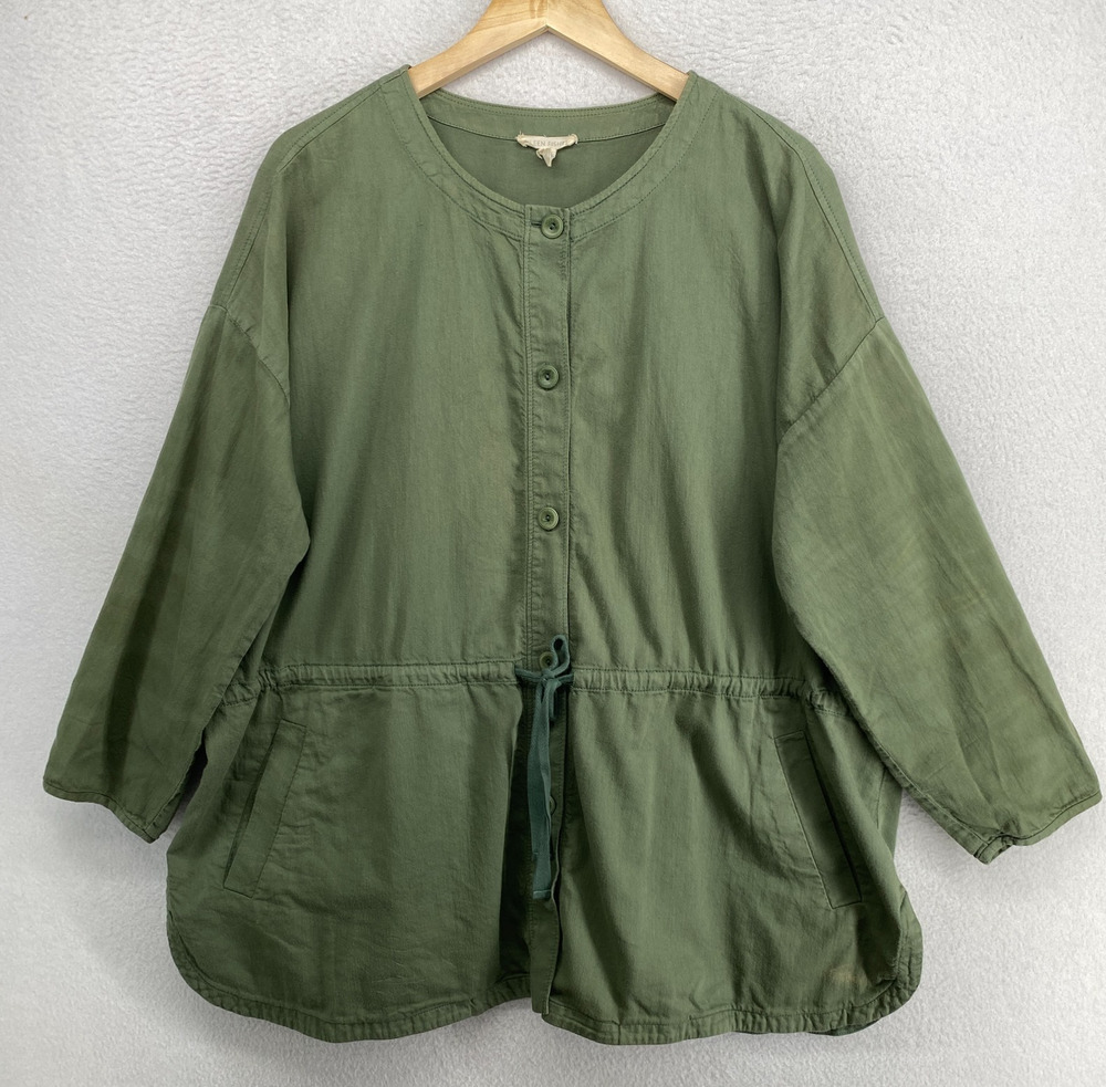 EILEEN FISHER Jacket XL Soft Organic Cotton Canvas Drawstring Button Up Green